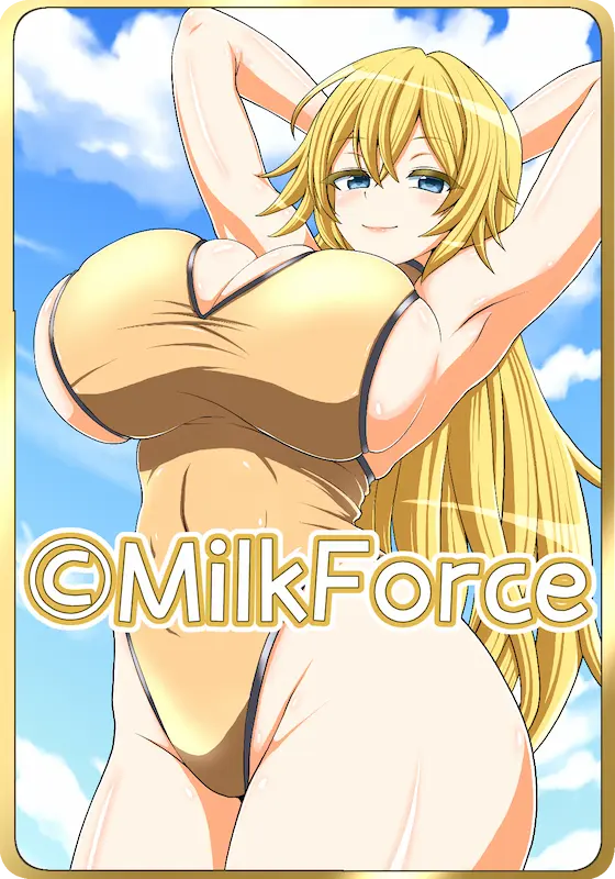 ミルクフォース（MilkForce）が描いたイラスト。青空のもと水着姿の金髪ロングヘアの女性キャラクターがポーズをとって微笑んでいるイラスト