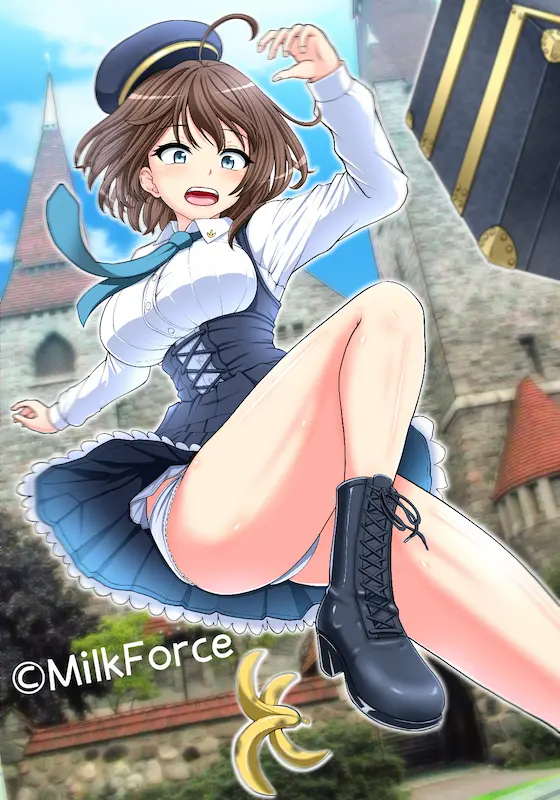 ミルクフォースが描いたイラスト
。女の子がバナナの皮に滑ってバランスを崩している