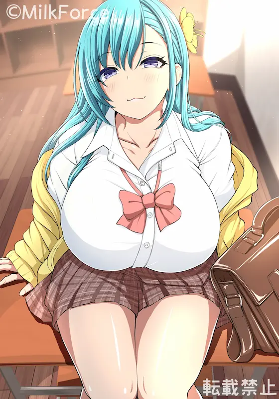 ミルクフォースのイラスト。制服を着た青い髪の巨乳の女の子が教室の机に座って微笑んでいる。少しだけセピア色のフィルターをかけた。