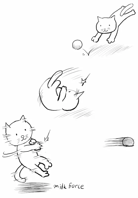 ミルクフォースが描いたイラスト。ボールを追いかける猫。回転キャッチしてそのままファーストへ返球。